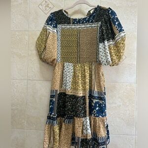 MELLODAY Patchwork Long Sleeve Dress - Blue, Green, Tan